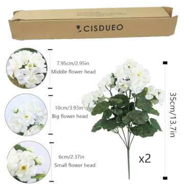 CISDUEO 2 Pcs Artificial Geraniums for Outdoor Silk Flowers White Artificial Geranium Bush Faux Flowers Geraniums for Floral Home Decor Indoor Garden Patio Grave Cemetary Vase Table Centerpiece