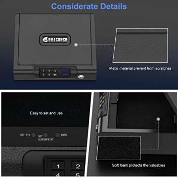 Gun Safe,Biometric Gun Safe for Pistols 3-Ways unlock Safe Fingerprint Digital PIN Key Unlock with Voice, Gun lock box for Cloakroom living room Bedroom Nightstand and Car BILLCONCH