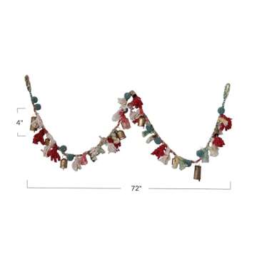 Creative Co-Op Handmade Wool and Cotton Blend Garland with Pom Poms and Metal Bells, Multicolor and Antique Gold Finish