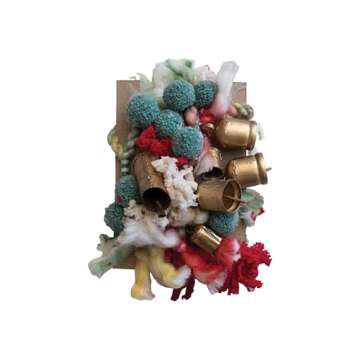 Creative Co-Op Handmade Wool and Cotton Blend Garland with Pom Poms and Metal Bells, Multicolor and Antique Gold Finish