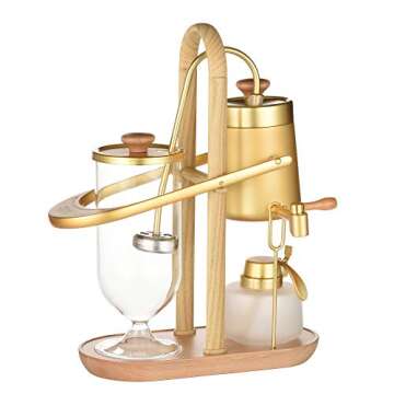 Adalph Belgian/Belgium Luxury Royal Balance Syphon Coffee and Tea Maker, Great Siphon Coffee & Tea Brewer, Elegant Wood Texture Fulcrum Natural Wood Base & Lid Knob, Model: Space X, Aureate Golden