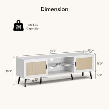 ZttRiee TV Stand for TVs up to 65'', Mid Century Modern Entertainment Center with Rattan Door, Shelves & 2 Cabinets, Boho Media TV Console for Living Room, Bedroom, White