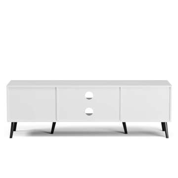 ZttRiee TV Stand for TVs up to 65'', Mid Century Modern Entertainment Center with Rattan Door, Shelves & 2 Cabinets, Boho Media TV Console for Living Room, Bedroom, White