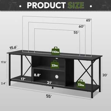 WLIVE TV Stand up to 65 Inch TV, 55" Entertainment Center, Industrial TV Console with Open Storage Shelf for Living Room and Bedroom, Black