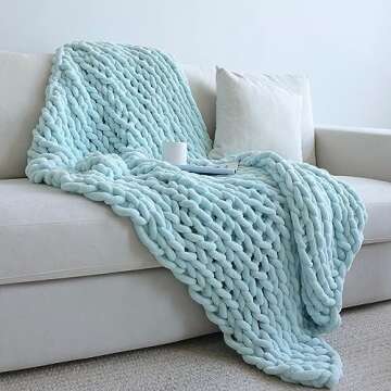 Maetoow Chenille Chunky Knit Blanket Throw （30×40 Inch）, Handmade Warm & Cozy Blanket Couch, Bed, Home Decor, Soft Breathable Fleece Banket, Christmas Thick and Giant Yarn Throws, Baby Blue