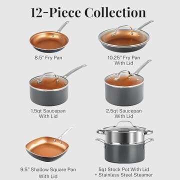 Gotham Steel 12 Pc Ceramic Pots and Pans Set Non Stick, Kitchen Cookware Sets, Pot and Pan Set, Ceramic Cookware Set, Non Toxic Cookware Set, Non Stick Pots and Pan Set, Oven Dishwasher Safe - Copper