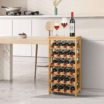 VASMIA Wine Rack Free Standing Floor, 6-Tier Display Wine Storage Shelves with Table Top, 24-Bottle Bamboo Wine Rack Shelf for Kitchen Bar Dining Room Living Room, Natural