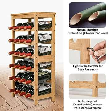 VASMIA Wine Rack Free Standing Floor, 6-Tier Display Wine Storage Shelves with Table Top, 24-Bottle Bamboo Wine Rack Shelf for Kitchen Bar Dining Room Living Room, Natural