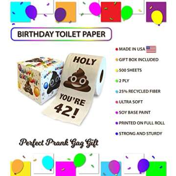 Printed TP Holy You're 42 Birthday Toilet Paper Gift - 42nd Bday Party Funny Birthday Gift Joke Toilet Paper Prank, Novelty Unique Birthday Presents for Men, Women, Family, Friends - 500 Sheets