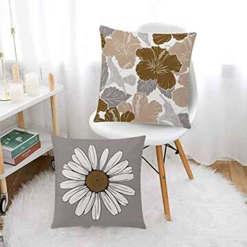 COMMINY Brown Grey Pillow Covers 18x18 Set of 6 Decorative Daisy Flower Throw Pillow Cover for Couch Modern Coffee Pillow Case for Patio Living Room Cushion Bed Outdoor Farmhouse Home Decor