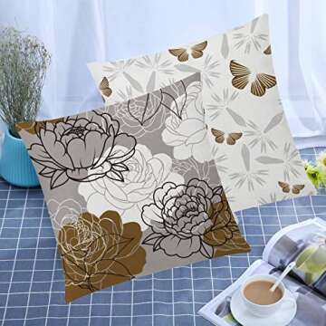 COMMINY Brown Grey Pillow Covers 18x18 Set of 6 Decorative Daisy Flower Throw Pillow Cover for Couch Modern Coffee Pillow Case for Patio Living Room Cushion Bed Outdoor Farmhouse Home Decor