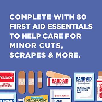 Johnson & Johnson Travel Ready Portable Emergency First Aid Kit for Minor Wound Care with Assorted Adhesive Bandages, Gauze Pads & More, Ideal for Travel, Car & On-The-Go, 80 pc