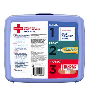 Johnson & Johnson Travel Ready Portable Emergency First Aid Kit for Minor Wound Care with Assorted Adhesive Bandages, Gauze Pads & More, Ideal for Travel, Car & On-The-Go, 80 pc