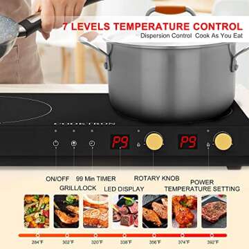 COOKTRON Portable Induction Cooktop 2 Burner with Removable Iron Cast Griddle Pan Non-stick, 1800W Double Induction Cooktop with Child Safety Lock & Time, Great for Family Party