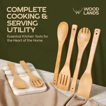 Woodlands-USA Bamboo Wooden Spoons for Cooking - 6-Piece Wooden Kitchen Utensil Set - Natural Material Bamboo Spatula & wooden cooking utensils - Wooden Spatulas & Wooden Spoons Cooking Tools Set