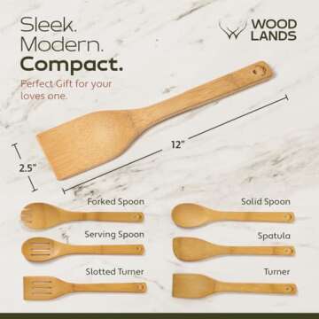 Woodlands-USA Bamboo Wooden Spoons for Cooking - 6-Piece Wooden Kitchen Utensil Set - Natural Material Bamboo Spatula & wooden cooking utensils - Wooden Spatulas & Wooden Spoons Cooking Tools Set