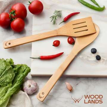 Woodlands-USA Bamboo Wooden Spoons for Cooking - 6-Piece Wooden Kitchen Utensil Set - Natural Material Bamboo Spatula & wooden cooking utensils - Wooden Spatulas & Wooden Spoons Cooking Tools Set