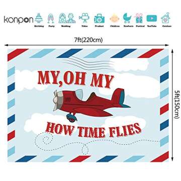 7x5ft Birthday Backdrop Vintage Aircraft Banner Background Kids Cartoon Plane Model Time Flies Grunge Sky Cloudscape Portrait Vinyl Prop Studio Wallpaper W-1983