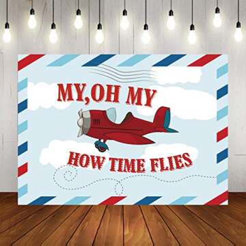 7x5ft Birthday Backdrop Vintage Aircraft Banner Background Kids Cartoon Plane Model Time Flies Grunge Sky Cloudscape Portrait Vinyl Prop Studio Wallpaper W-1983