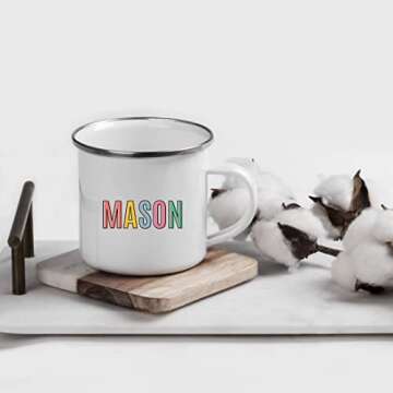 Andaz Press Personalized Monogram Initial Coffee Mug Letters, Colorful Custom Name 11oz Stainless Steel Metal Campfire Mug for Kids Boys Girls, Hot Chocolate Mug Enamel Kids Mugs For Hot Drinks 1-Pack