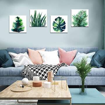 Boho Tropical Wall Art Bathroom Decor Green Plant Pictures Wall Decor for Living Room Minimalist Botanical Leaf Canvas Artworks Kitchen Sage Monstera Framed Poster Bedroom Home Decorations 12x12" 4Pcs