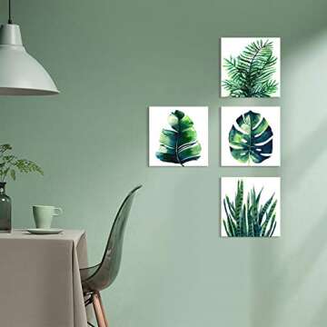 Boho Tropical Wall Art Bathroom Decor Green Plant Pictures Wall Decor for Living Room Minimalist Botanical Leaf Canvas Artworks Kitchen Sage Monstera Framed Poster Bedroom Home Decorations 12x12" 4Pcs