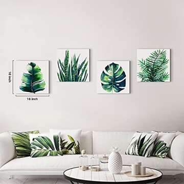 Boho Tropical Wall Art Bathroom Decor Green Plant Pictures Wall Decor for Living Room Minimalist Botanical Leaf Canvas Artworks Kitchen Sage Monstera Framed Poster Bedroom Home Decorations 12x12" 4Pcs