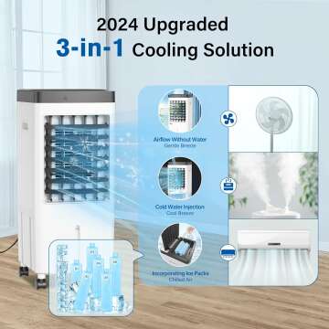 Air Conditioners, 2024 Upgraded Portable Air Conditioner with 3 Gal Water Tank, Air Conditioner Portable for Room with 6 Ice Box, 3-in-1 Super Wind Quiet Swamp Cooler, AC for Room/Bedroom/Garage75