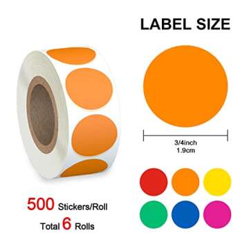 Misofuki 3000 PCS 3/4" Round Color Coding Circle Dot Labels Includes Bright Yellow Green Red Pink Orange Blue(6 Rolls,500 Labels/Roll)