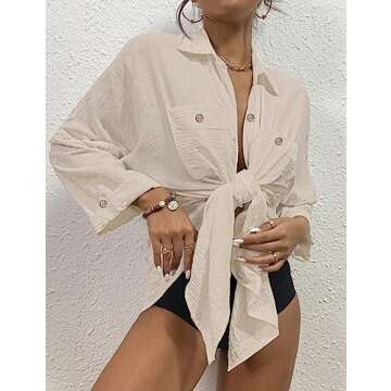 Bsubseach Womens Modern Swimsuit Cover Up Blouse Button Down Shirt Dresses Tops Apricot L