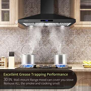 SNDOAS Range Hood Black,Wall Mounted Range Hood 30 inches,Black Kitchen Hoods with Touch Controls,Stainless Steel Range Hood in Black Painted,Black Range Hood 30 inches,Hood Vents for Kitchen