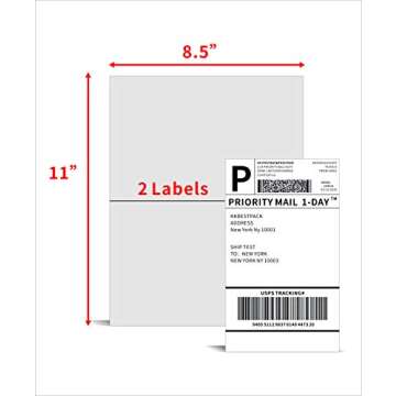 KKBESTPACK Half Sheet Shipping Labels for Laser and Inkjet Printers – 2 Per Page Self Adhesive Mailing Labels for Packages – White 8.5 x 5.5 Postage Labels for Shipping Boxes (500 Labels) (KK2LP)