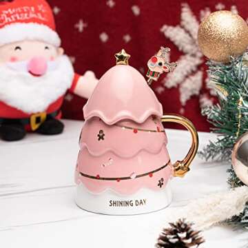 BLUEPOLARLIFE Coffee Mugs Cute Christmas Gifts: Solid Ceramic Coffee Mug with Lid & Stirrers - 16oz Large Coffee Mugs Kawaii Christmas Gifts for Mom Lovers Women Men Kids（Pink）