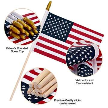 12 Pack Small American Flags on Stick Small US Flags/Mini American Flags for Outside 4x6 Inch American Hand Held Stick Flags with Kid-Safe Spear Top, Patriotic Veterans Day Decorations, 4th of July Decorations