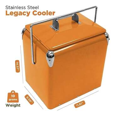 Creative Outdoor Stainless Steel Legacy Cooler with Bottle Opener - Retro Metal Vintage Ice Chest, Durable Outdoor Beverage Cooler (Orange)