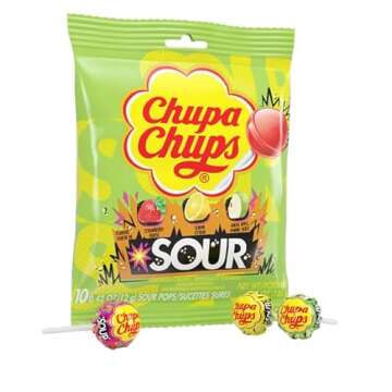 Chupa Chups SOUR Lollipops Candy Variety Pack, Lemon, Strawberry, and Apple Flavored, Holiday Christmas Stocking Stuffers for Adults & Kids, 4.2 oz Peg Bag (Pack of 8)