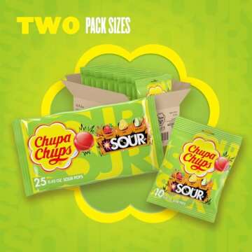 Chupa Chups SOUR Lollipops Candy Variety Pack, Lemon, Strawberry, and Apple Flavored, Holiday Christmas Stocking Stuffers for Adults & Kids, 4.2 oz Peg Bag (Pack of 8)