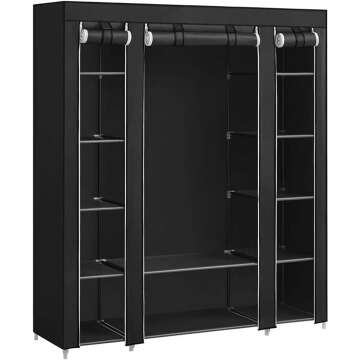 SONGMICS Closet Wardrobe, Portable Closet for Bedroom, Clothes Rail with Non-Woven Fabric Cover, Clothes Storage Organizer, 59 x 17.7 x 69 Inches, 12 Compartments, Black ULSF03H