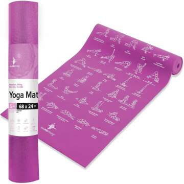 NewMe Fitness Yoga Mat for Women and Men - Large, 5mm Thick, 68 Inch Long, Non Slip Exercise Mats w/ 70 Printed Yoga Poses for Pilates, Workout and Stretching - Home and Gym Essentials