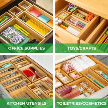 Grow Forward Bamboo Drawer Organizer Boxes - Set of 21 Wooden Drawer Organizers for Kitchen, Bathroom, Office, Desk, Vanity, Makeup - Non-Slip Junk Drawer Organizer Trays for Storage and Organization