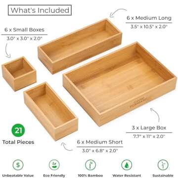 Grow Forward Bamboo Drawer Organizer Boxes - Set of 21 Wooden Drawer Organizers for Kitchen, Bathroom, Office, Desk, Vanity, Makeup - Non-Slip Junk Drawer Organizer Trays for Storage and Organization