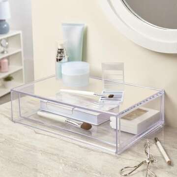 STORi Audrey Stackable Clear Bin Plastic Organizer Drawer | Organize Eyeshadow Palettes, Cosmetics, and Beauty Supplies on a Vanity | Made in USA