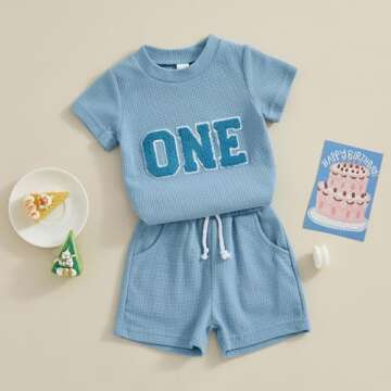 Lamuusaa Toddler Baby Boy Birthday Outfit One/Two Letter Embroidery T-shirt Jogger Shorts Waffle Summer Clothes (Blue One, 12-18 Months)