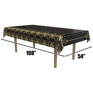 Beistle Great 20’s Print Tablecover, 108" L x 54" W, 2 Piece – Plastic Table Cloth, Black & Gold Party Decorations, Hollywood Party Decorations, Table Decorations for Party, Roaring 20’s Party Decor