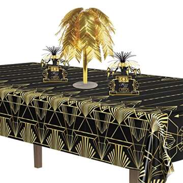 Beistle Great 20’s Print Tablecover, 108" L x 54" W, 2 Piece – Plastic Table Cloth, Black & Gold Party Decorations, Hollywood Party Decorations, Table Decorations for Party, Roaring 20’s Party Decor