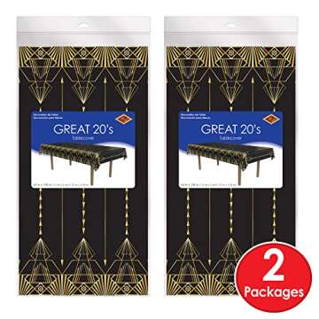 Beistle Great 20’s Print Tablecover, 108" L x 54" W, 2 Piece – Plastic Table Cloth, Black & Gold Party Decorations, Hollywood Party Decorations, Table Decorations for Party, Roaring 20’s Party Decor