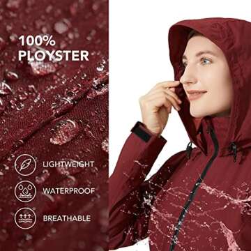 MONSTER VALLEY Women's Long Rain Jacket Lightweight Jackets Waterproof Windbreaker Hooded Raincoats Trench Coat Outdoor Red, Large