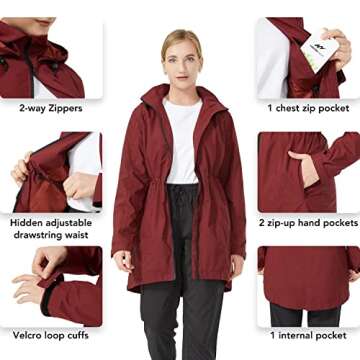 MONSTER VALLEY Women's Long Rain Jacket Lightweight Jackets Waterproof Windbreaker Hooded Raincoats Trench Coat Outdoor Red, Large