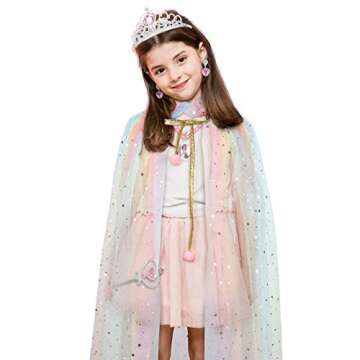 Fedio Princess Cape Set 7 Pieces Girls Princess Cloak with Tiara Crown, Wand for Little Girls Dress up (Rainbow)