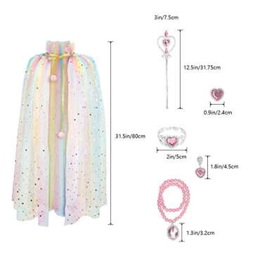 Fedio Princess Cape Set 7 Pieces Girls Princess Cloak with Tiara Crown, Wand for Little Girls Dress up (Rainbow)